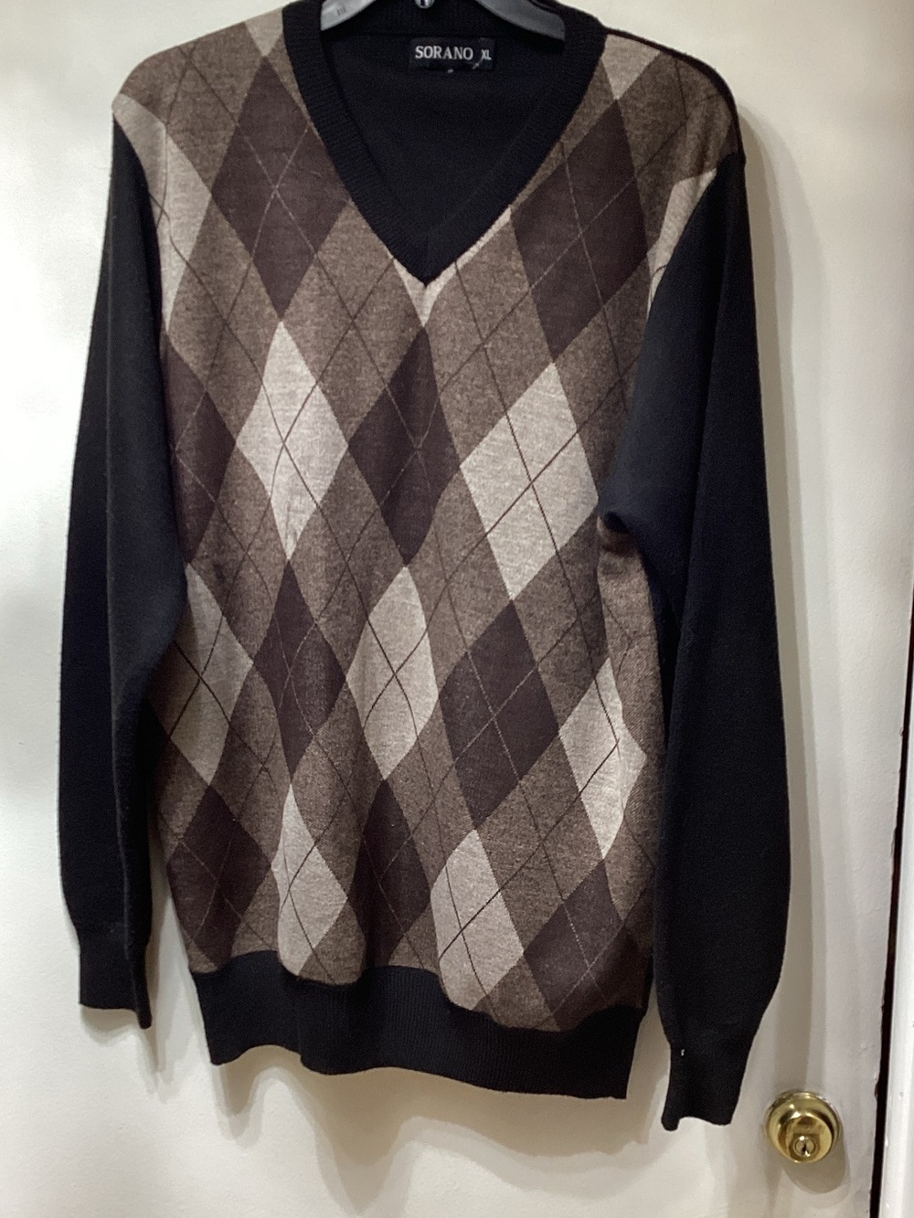Soprano Black and Brown Argyle V-Neck Sweater - Men's